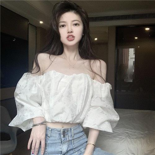 Summer new jacquard tube top one-word collar bubble sleeve off-shoulder sexy sweet hottie short top women