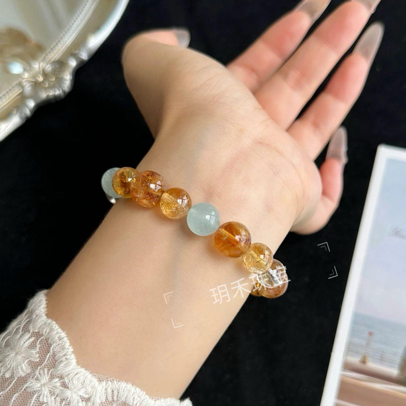 Citrine & Aquamarine Wealth Bracelet: Attracts Luck and Success with Golden Beads and White Crystal Elements
