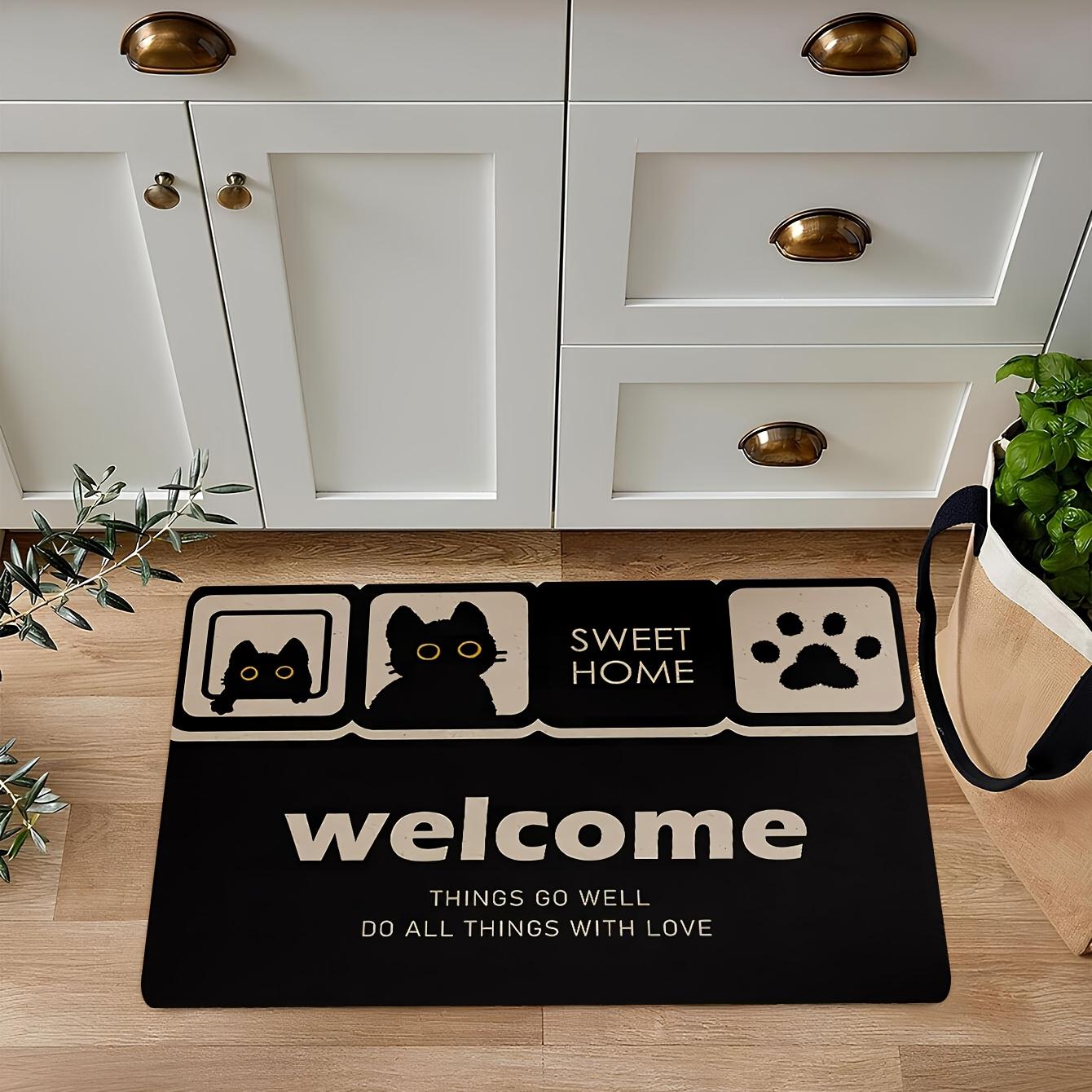 

1 Cute Black Cat Welcome Doormat - Easy to clean polyester with paw prints, perfect for indoor/outdoor entryway decoration 40X60cm