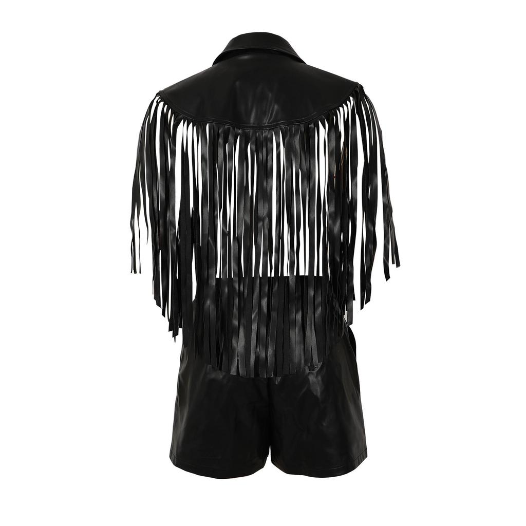 Women's Sexy PU Leather Sleeveless Tassel Top Vest and Shorts Set