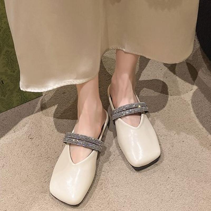 Square Toe Flat Sandals Rhinestone Woman Slippers High Quality Easy Wears Slides 2025 Luxury New Style Vip Mules Shoes for Women