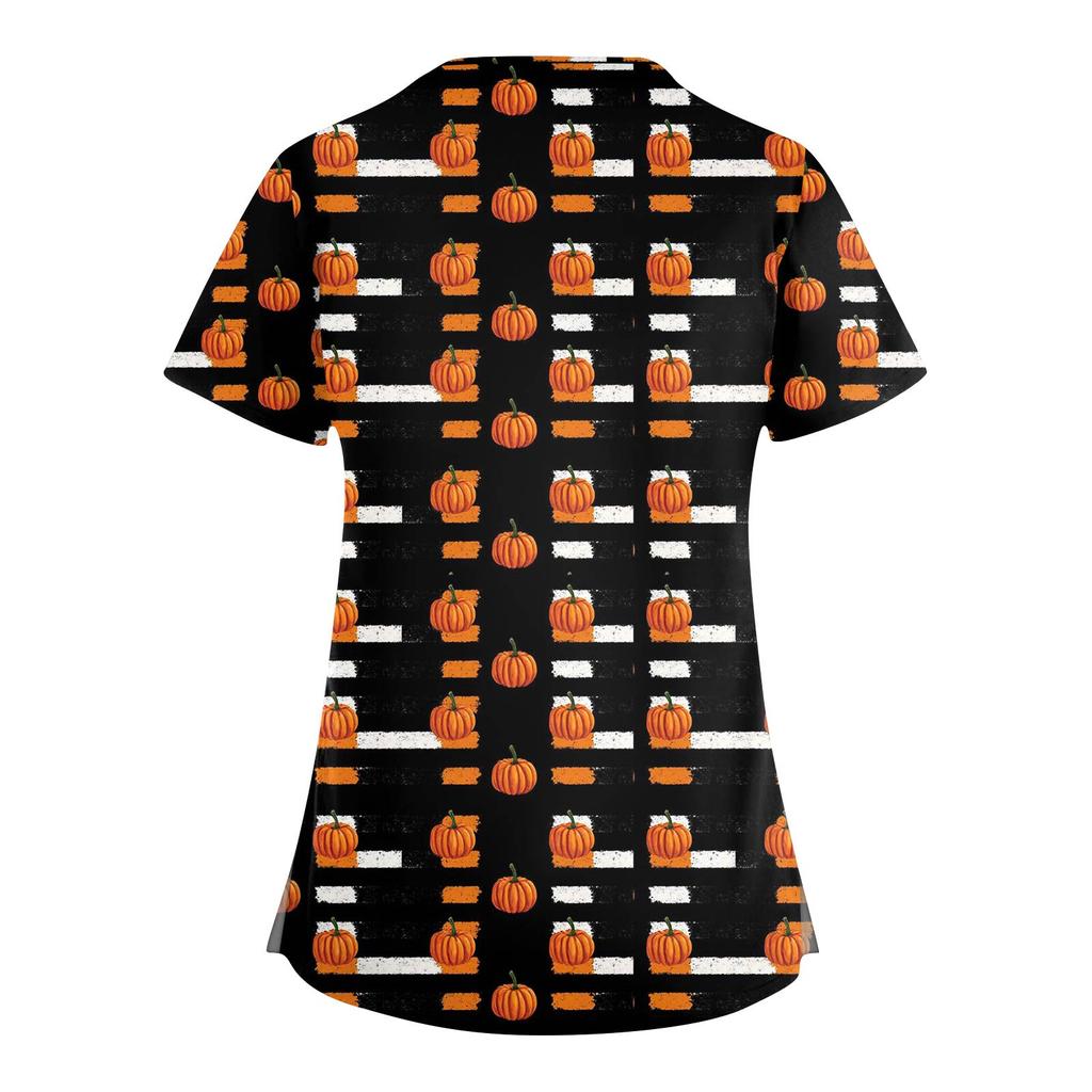 Women's Fashion  V-Neck Short Sleeve Overalls Double Pocket Halloween Printed Tops  Apparel