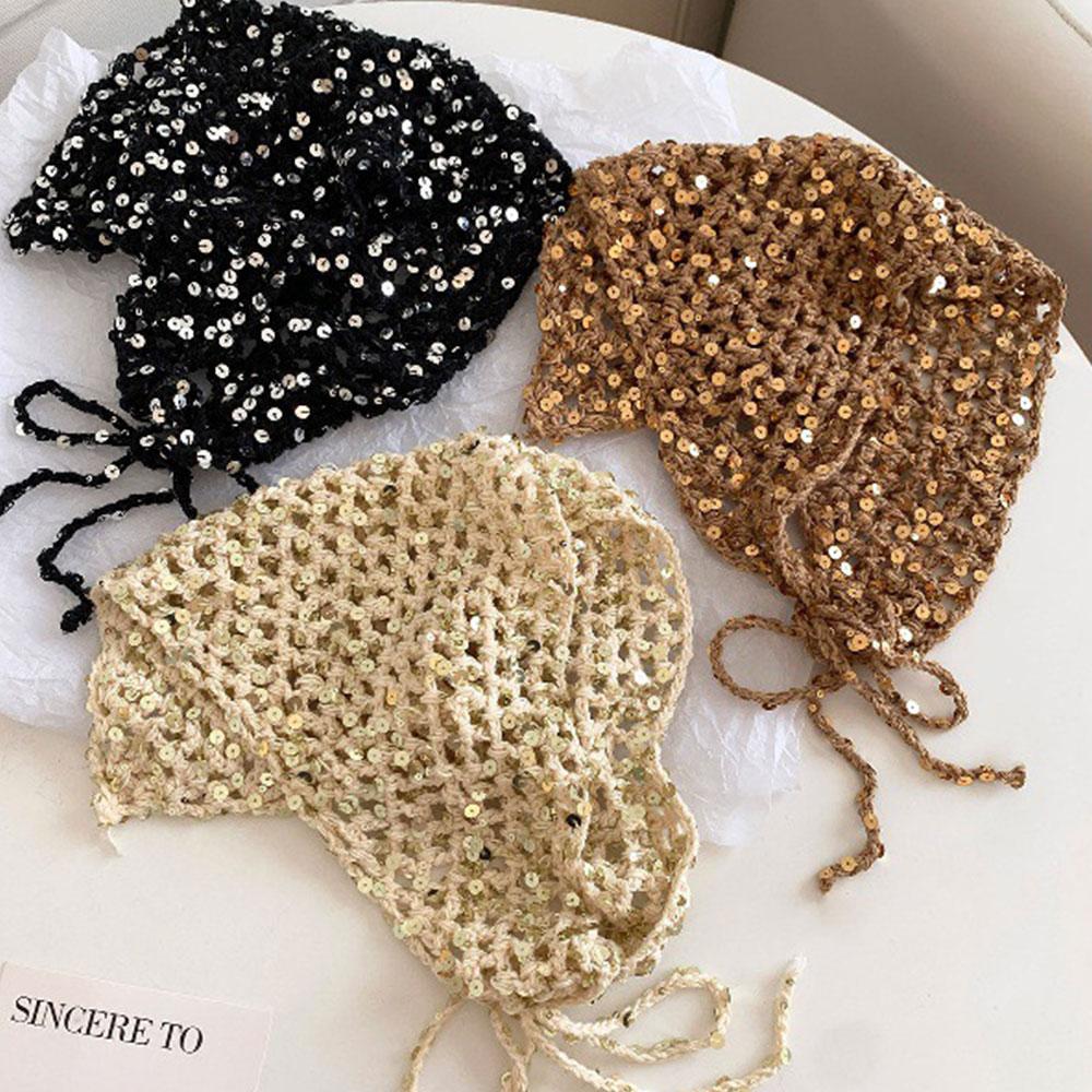 Ins Style Sequined Hollow Knitted Triangle Hair Scarf Bandana Retro Crochet Sheer Headscarf Women Summer Travel Photo Headband