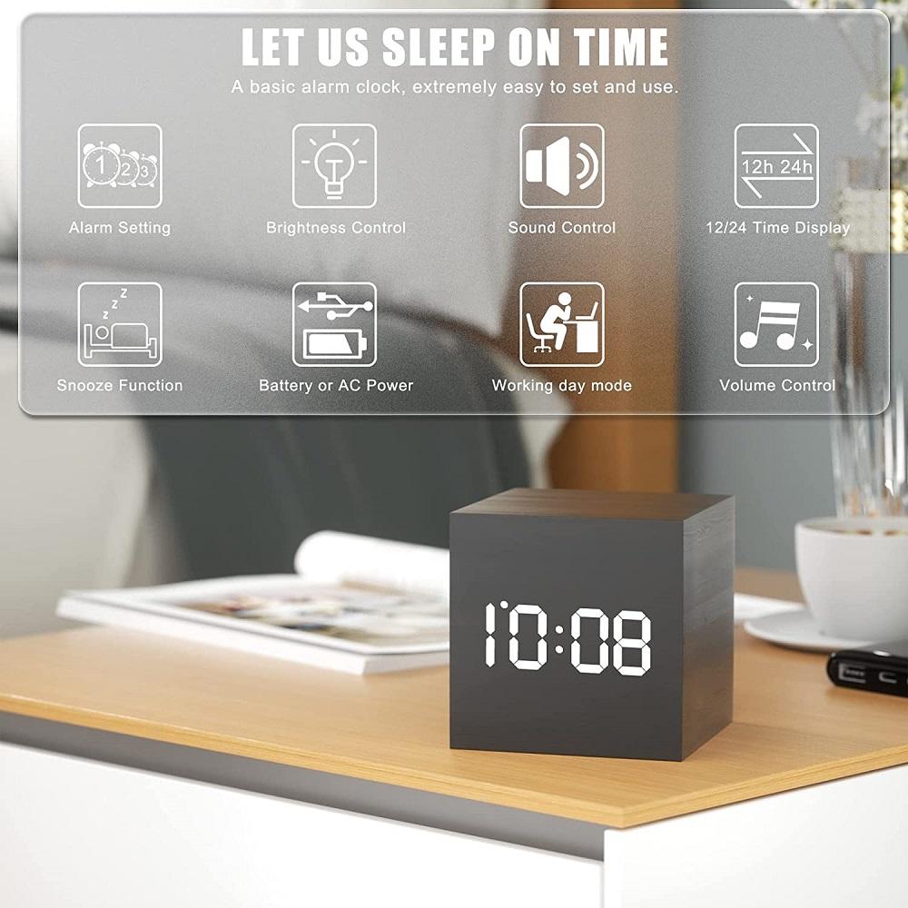 Wooden LED Alarm Clock With Temperature Display
