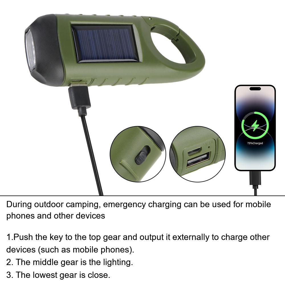 For Outdoor Camping Hiking Hand Crank Dynamo Flashlight Portable USB Charging Emergency Torch Survival Gear Solar Powered LED Flashlight