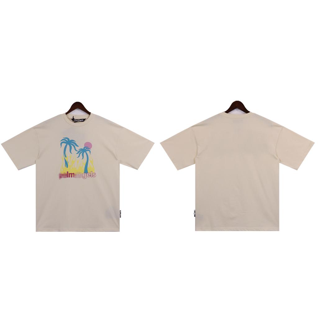 25S Cross-border European and American Tide Brand Palm Angel Sunset Palm Tree Flame Letter Short-sleeved T-shirt Men's and Women's High Street 