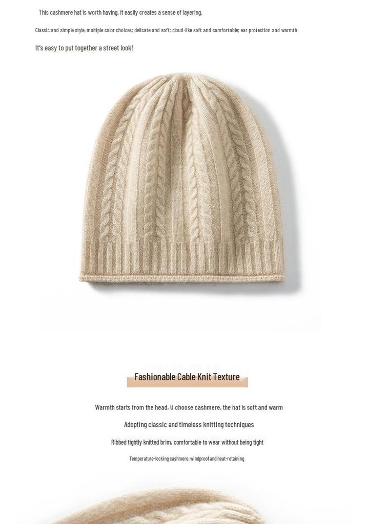 Unisex Cashmere Winter Cable Knit Hat - Soft Headwrap for Cold Weather