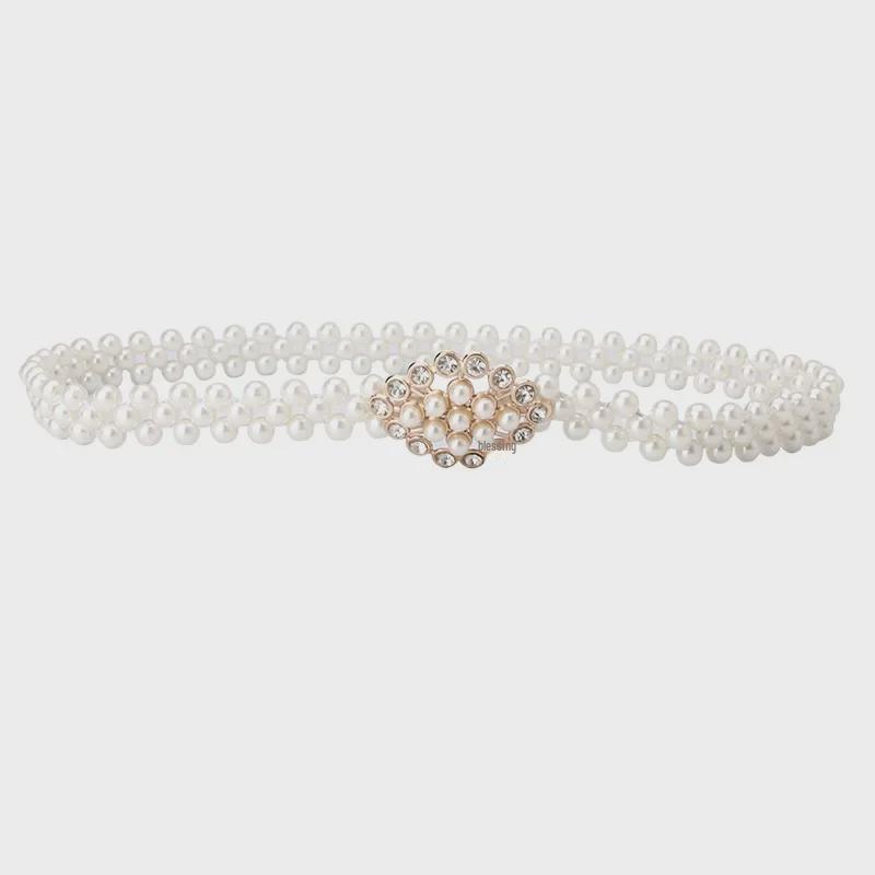 "Women's Fashion Pearl Rhinestone Elastic Waist Belt"