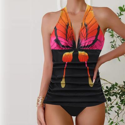 Women's Swimwear Tankini 2 Piece Swimsuit Orange Butterfly Vacation Bathing Suits Hanging Neck Swimsuit