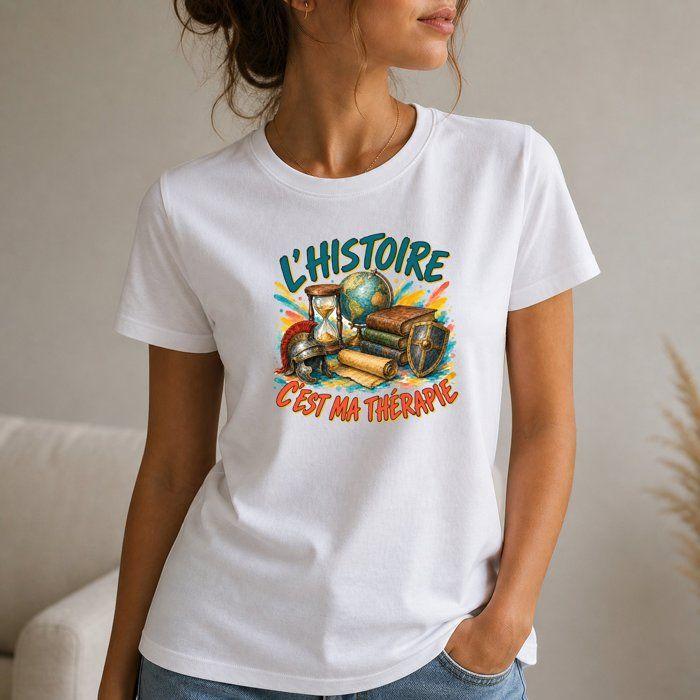 T-shirt Femme Blanc L’Histoire c’est ma thérapie | Coton Biologique Coupe Ajustée Col Rond Taille L | Tee Shirt Manches Courtes