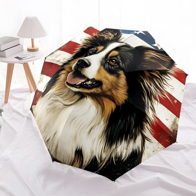 1pc Patriotic Dog Automatic Folding Umbrella, Sturdy And Durable Automatic Folding Umbrella with 8 Ribs, Convenient for Outdoor Use058