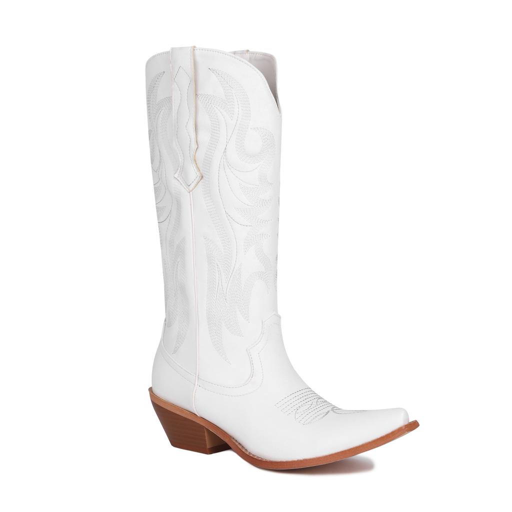 Fashion IPPEUM Silver Metallic Cowboy Boots Knee High Embroider Chunky Heel  Cowgirl Shoes Mid Calf Western Botas Cowboy Mujer