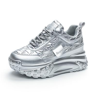 Sneakers in Pelle Autunnali con Plateau Argentato Donna Suola Spessa Scarpe Casual Sneakers Donna Tennis Chunky Scarpe da Donna Aumento Altezza