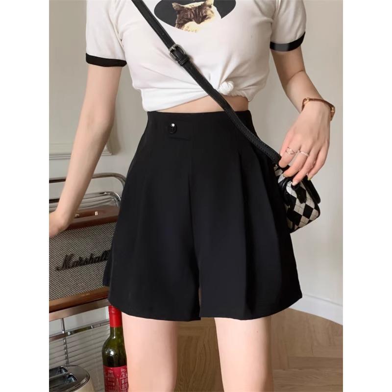Women's Summer High Waist Black Wide-Leg Suit Shorts - Slimming, Casual, Fashion Draped Style