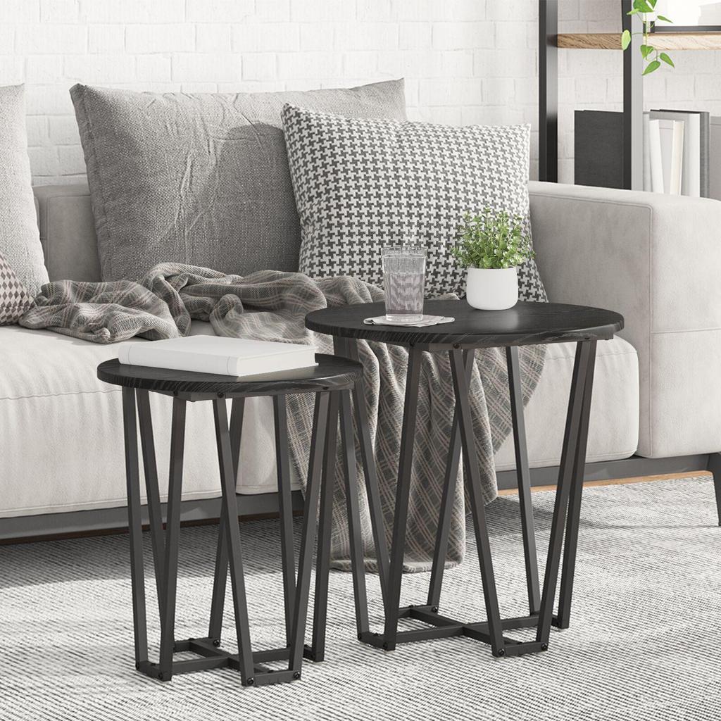 2-Piece round side table set, wooden coffee tables with metal frames, living room decoration table set