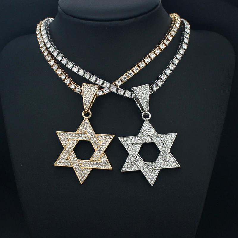 Fashion Star of David Pendant Necklace Women Men Hip Hop Tennis Cuban Chain Necklaces Classic Six-pointed Star Jewish Jewelry