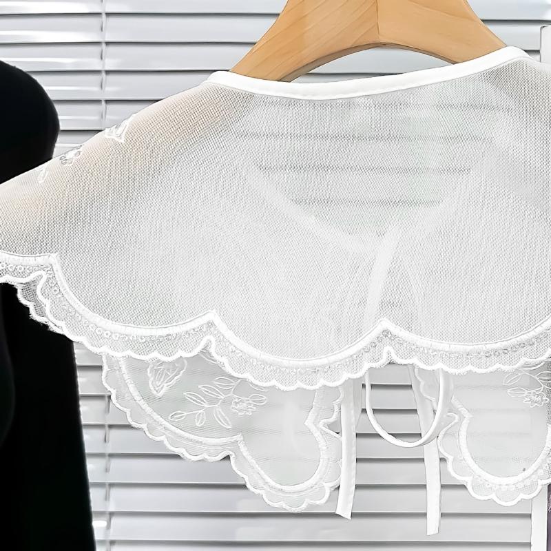Elegant White Embroidered Flower Detachable Collar for Women Fashionable Sequins Embellished Mesh Shawl Wrap Capelet