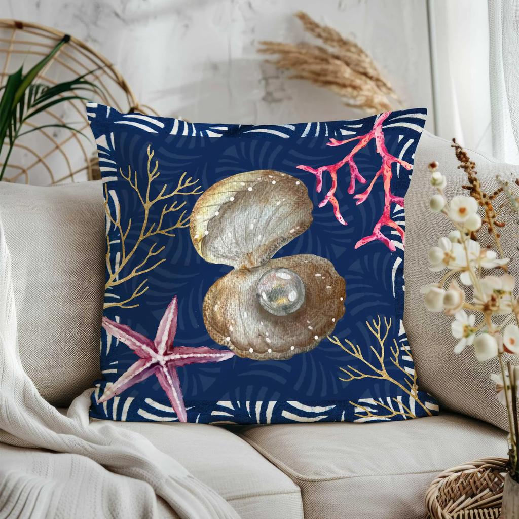 1Pc Navy Blue Coastal Marine Pillow Cover 2D Double Sided Print Polyester Coral Turtle Decor For Sofa Bedroom Beach Gift
