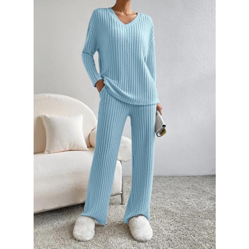 Autumn Fashion Casual Straight Leg Pants with Loose V-neck and Pit Stripe Knit Women's Two-piece Sets
