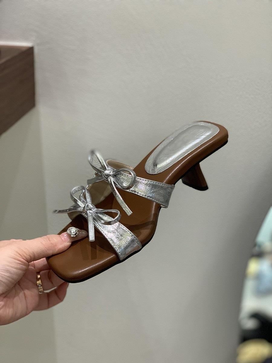 

High-heeled slippers women s outer wear summer new French retro gentle bow with skirt sandals beautiful temperament sandals 42 серебряный