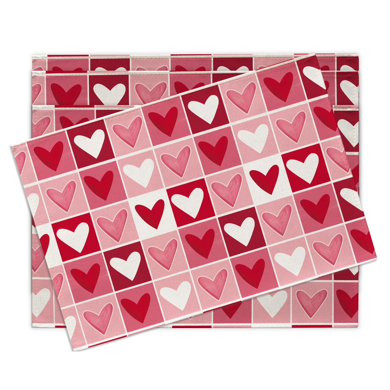 

Valentines Day Placemats Set of 4, Red Pink White Love Heart Buffalo Plaid Check Dining Place Mats Table Decor 4Pcs-12 X18