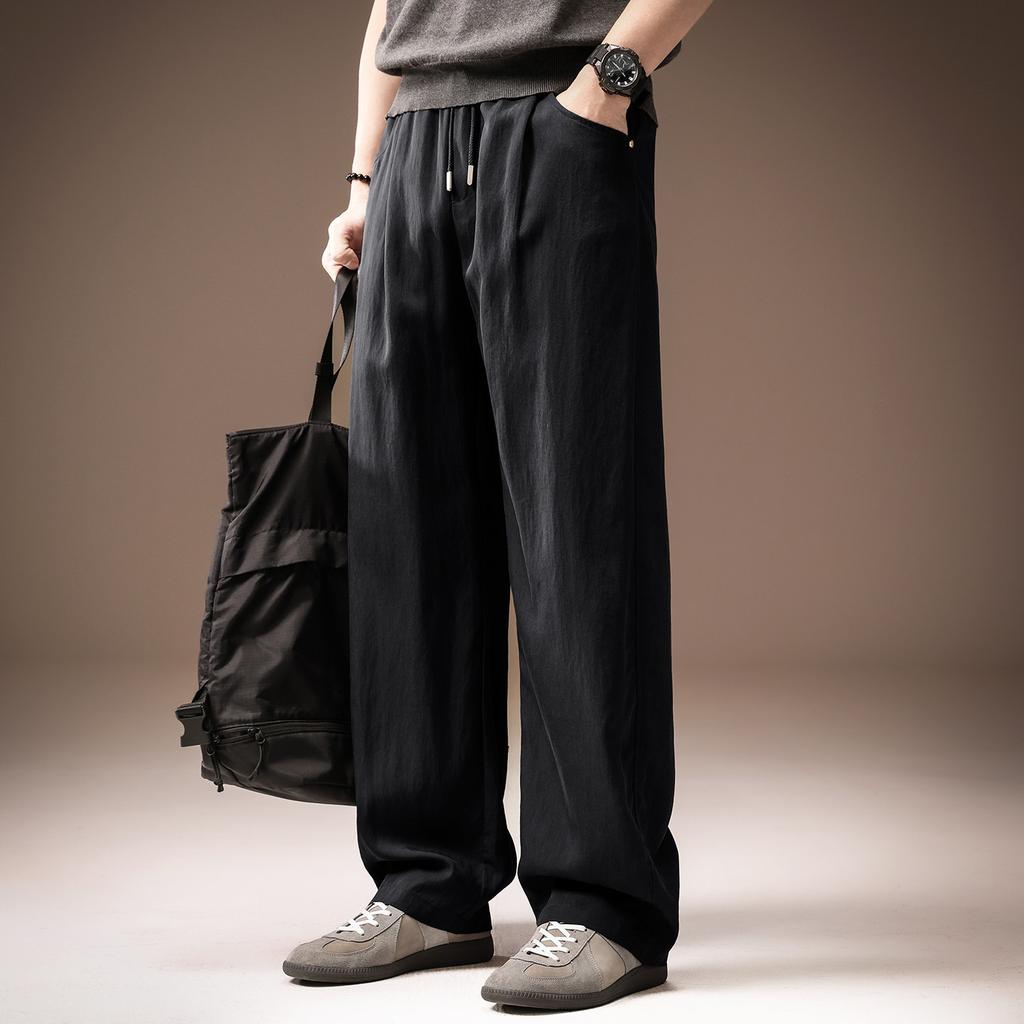 High-end American old money style% Lyocell cool casual pants men's summer thin loose straight wide-leg trousers