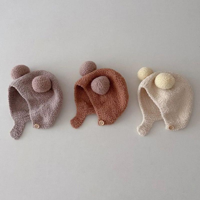 Cute Winter Warm Kids Baby Hats Fleece Hemming Caps With Ball Ear Protection Hats Soft Newborn Bonnet For Boys Girls