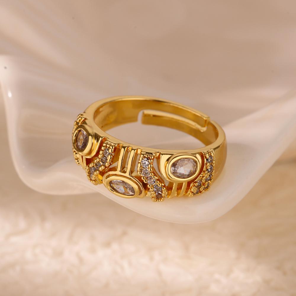 Geometric Zircon Chunky Wide Rings for Women Stainless Steel Gold Color Adjustable Ring Aesthetic Wedding Fashion Jewelry Gift