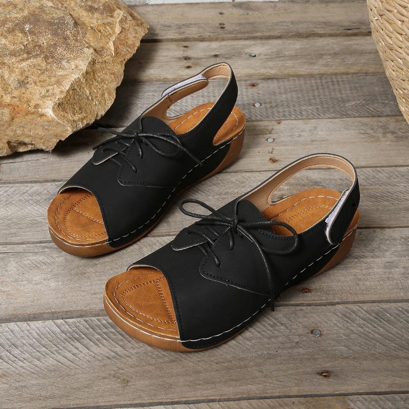 Color-blocked Large-sized Sandals Women's Thick-soled Shoes Wedge Heels Lace-up Velcro Beach Flip-flops