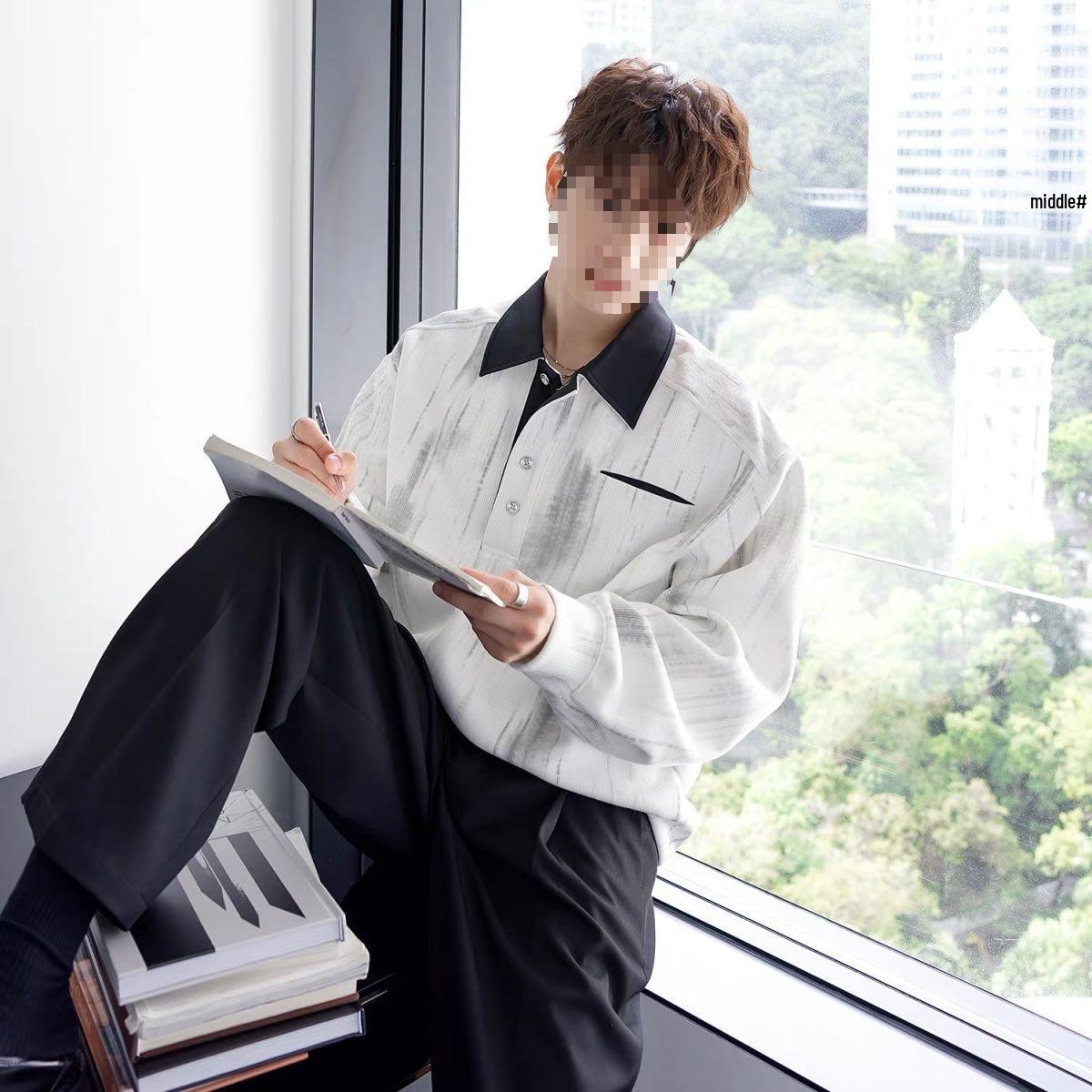 Men s New Chinese Ink Wash Style Polo Neck Pullover Hoodie, Long Sleeve Design. Small белый