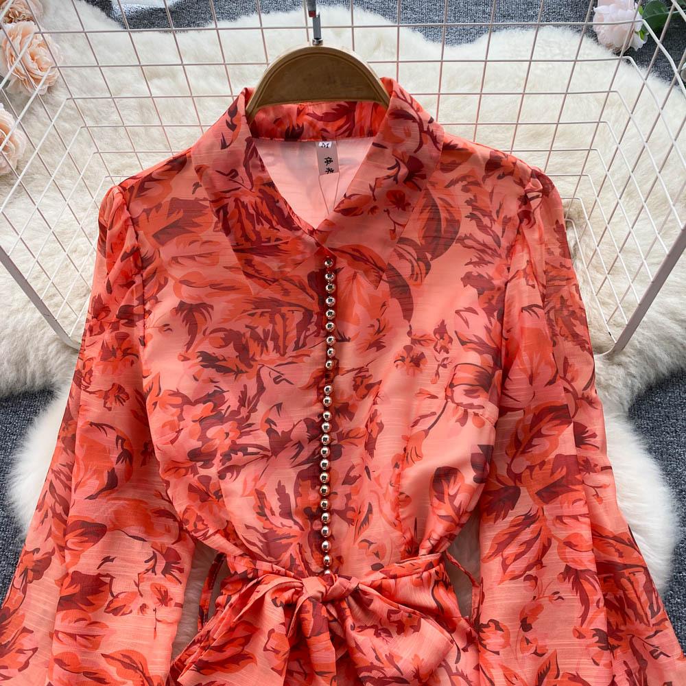 Damska Sukienka High Cold Imperial Sister Wind Wiosna i Jesień Wiązana w Pasie Elegancki Temperament Rozkloszowana Długa Sukienka