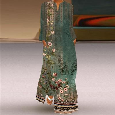 Fashion Summer Plus Size Women's Long Dress Casual V-neck Long Sleeve Pockets Printed Loose Dresses Women Elegant Vintage Lady Maxi Dress New 26415