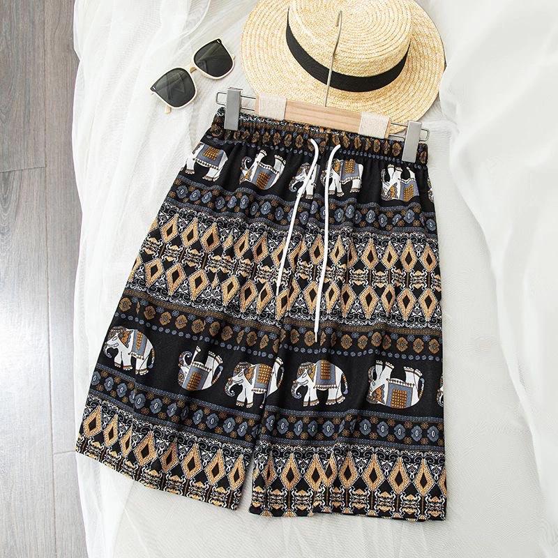 Elephant Pants Shorts Casual Adjustable Elastic High Waistband Strap Rope Women Men Unisex Print Thailand Streetwear Beach Bohemian Retro Vintage