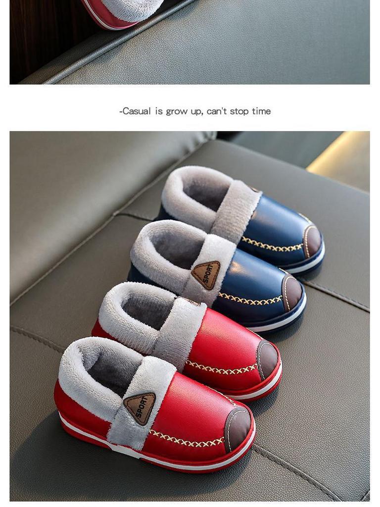 Waterproof Non-Slip Winter Warm Cotton Slippers with Velvet & PU Leather for Men, Women, & Kids
