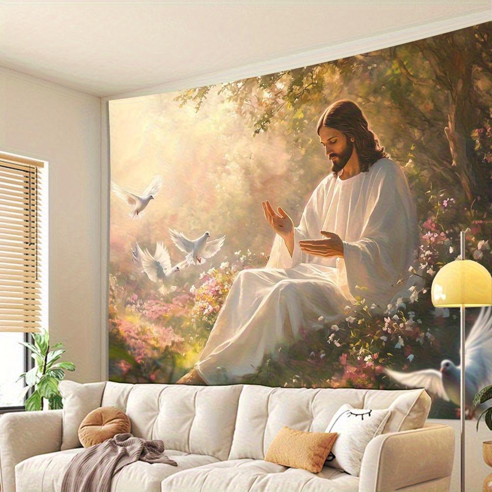 Jesus with Doves Tapestry Serene Garden Wall Art for Bedroom or Living Room Large Decorative Hanging Add Spiritual Peace