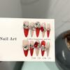 Women Long‑Pointed Press‑On Nails Pure‑Handmade Winter New‑Year Big Red Cat‑Eye White False Nail Patches