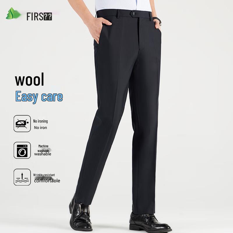 Calças Sociais Masculinas de Lã Mista, Antirrugas, Corte Reto