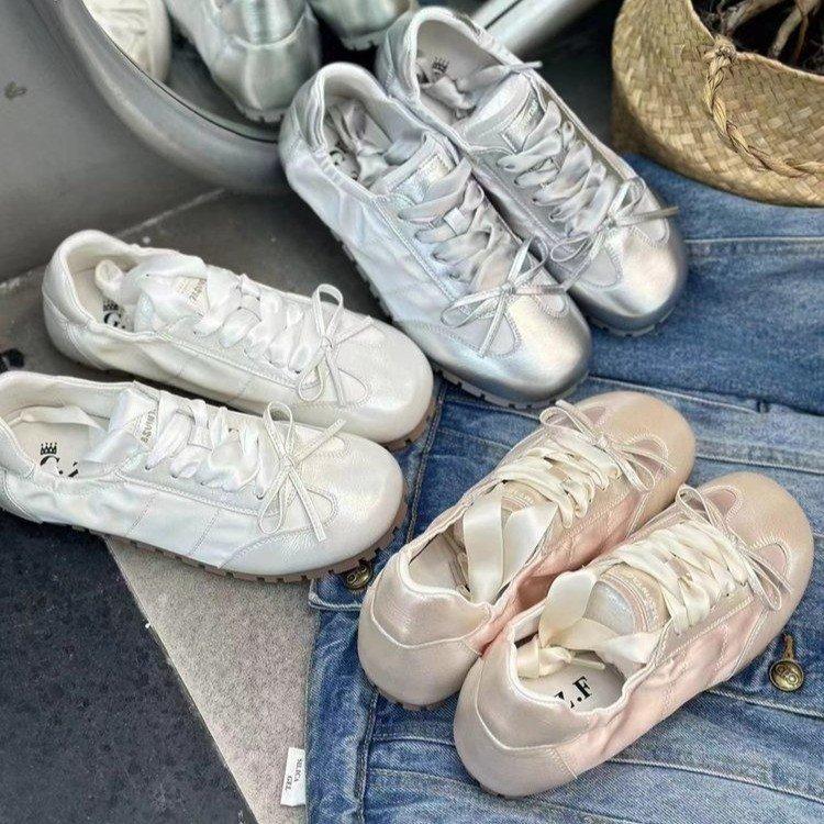 

Банты серебряные балетки туфли Форреста Гампа женские 2025 новая осень повседневные нравственное воспитание белые туфли 40