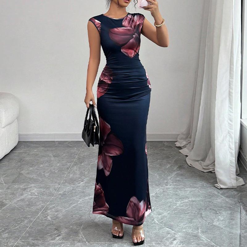 

Women Evening Party Sleeveless O Neck Flower Printed Package Hip One Piece Dress S