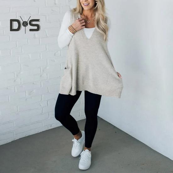 Women Sweater V-neck Sleeveless Solid Color Knitting Vest with Pockets Ribbed Trim Loose Fit Mid-length Casual Knitwear