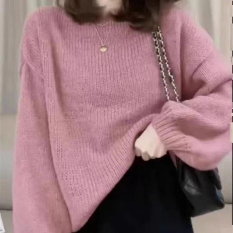 Söt Stil Åldersreducerande Allmatch Enfärgad Långärmad Tröja Dam Lös Lat Stil Slim-fit Stickad Topp