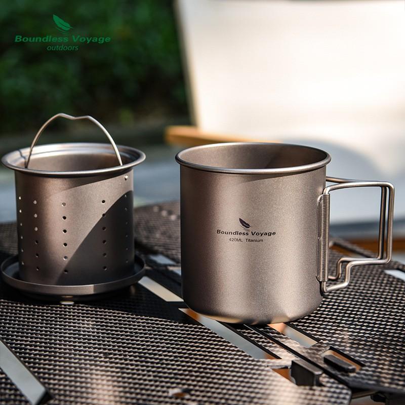 Pure Titanium Travel Tea Mug With Filter Folding Handle 420ml Portable Single Layer Infuser Cup Camping Hiking Outdoor Use