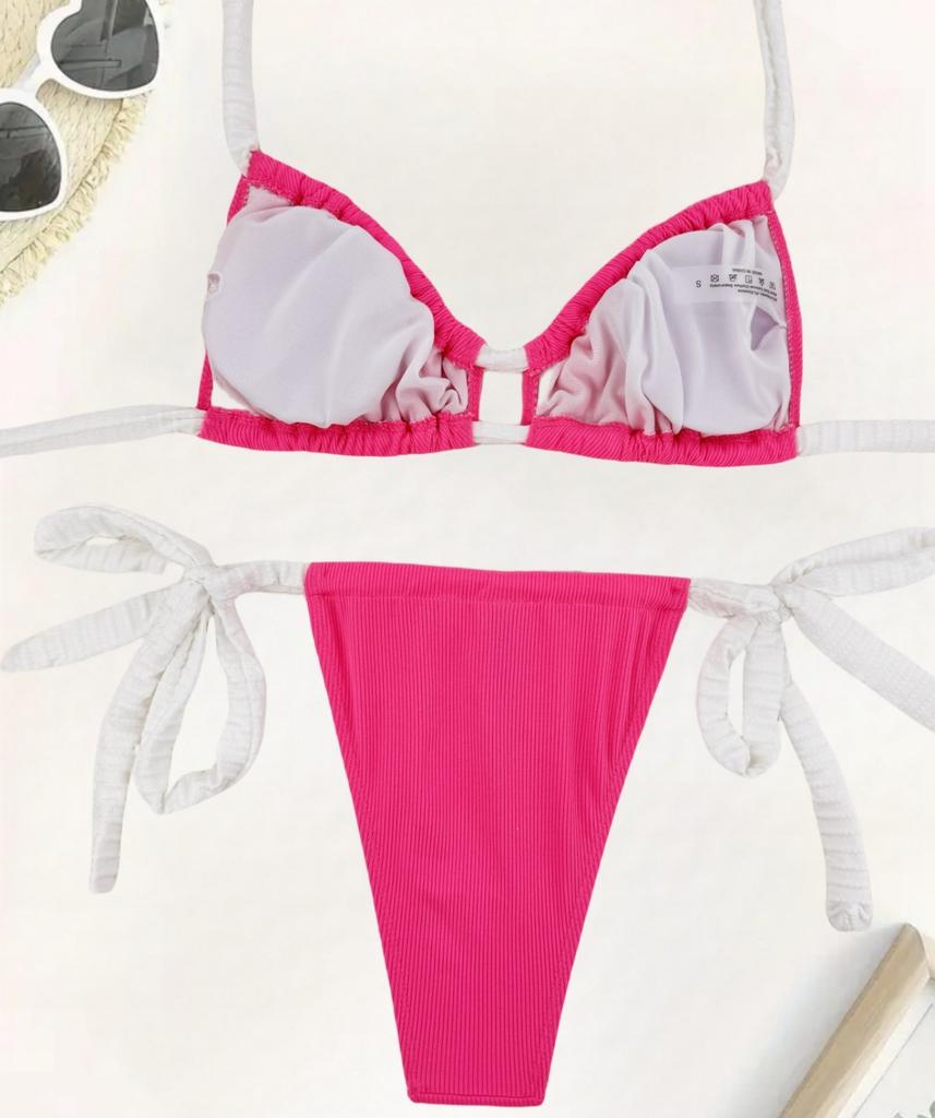 Dámské plavky jednobarevné halterneck odhalená záda na zavazování rozparkové plavky bikiny plážové oblečení koupací plavky