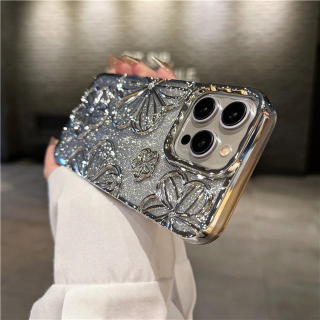 For iPhone 15 Pro Max Luxury Flash Glitter Flowers Plating Frame Phone Case For iPhone 11 12 13 14 15 16 Soft Protective Cover