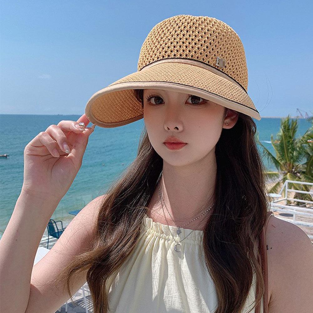 Summer Sun Protection Women Sun Cap Straw Large Brim Sun Visor Hat Casual Breathable Bucket Hat Outdoor