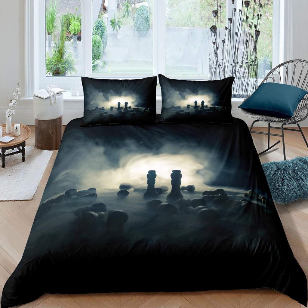 International Chess Duvet Cover Set Queen Size Chess Lovers Bedding Set for Boys Adults Microfiber Black Base 2/3pcs Quilt Cover