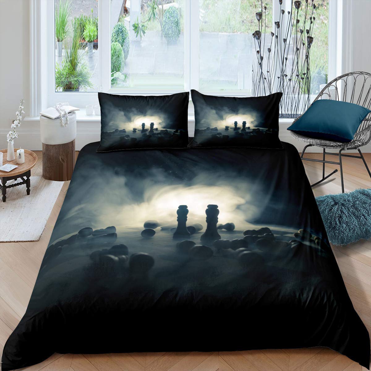 Collection de Housses de Couette Échecs Internationales Taille Queen Collection de Linge de Lit pour Amateurs d'Échecs Garçons Adultes Microfibre Base Noire Housse de Couette 23 Pièces EU single(135x200cm)