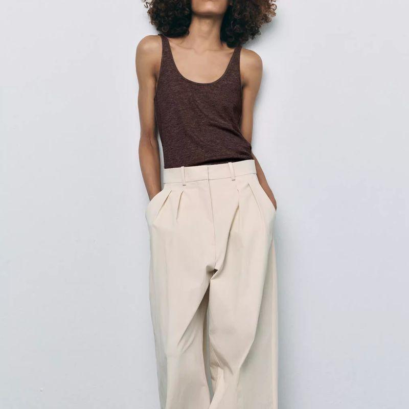 Brown French Style Knitted Women Clothes Shoulder Strap Cotton T-shirt Cami Sexy White Inner Wear Women Clothes U Collar