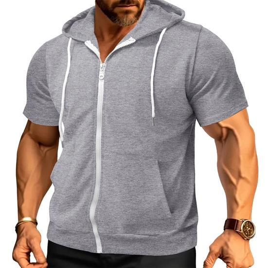 Men's Zip-up Hooded T-Shirt Summer Short Sleeve Hoodie Tee Solid Color Full Zipper Tee Shirt with Pockets for Daily Sports Street Gym