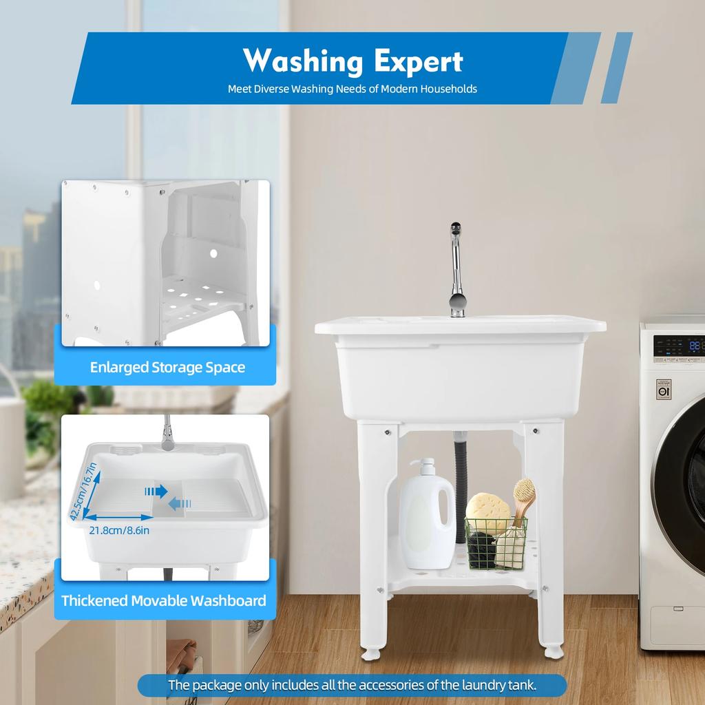 Bymaocar Freestanding Plastic Laundry Sink W/ Hot-cold Faucet & Washboard, Multi-function Shared Sink Kit for Laundry, Bathrooms